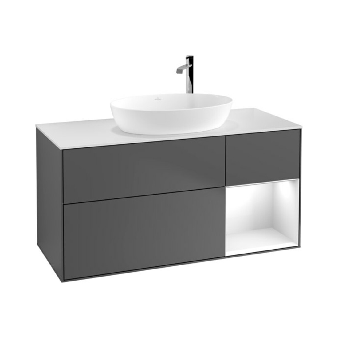 V&B Meuble sous lavabo Finion 120 cm, éclairage mural, blanc laqué, anthracite m