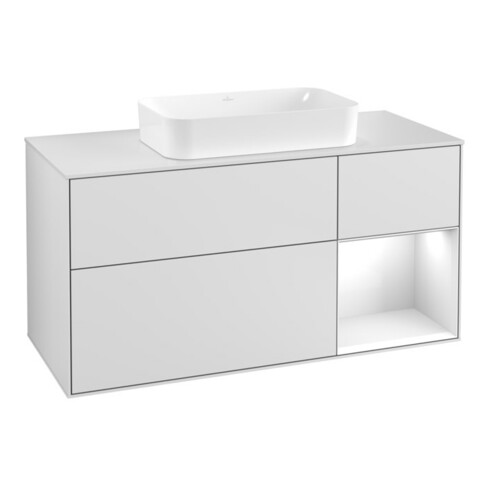 V&B Meuble sous lavabo Finion 120 cm, éclairage mural, blanc laqué, blanc mat laqué