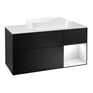 V&B Meuble sous lavabo Finion 120 cm, éclairage mural, blanc laqué, bleu mat laqué