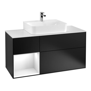 V&B Meuble sous lavabo Finion 120 cm, éclairage mural, blanc laqué, bleu mat laqué