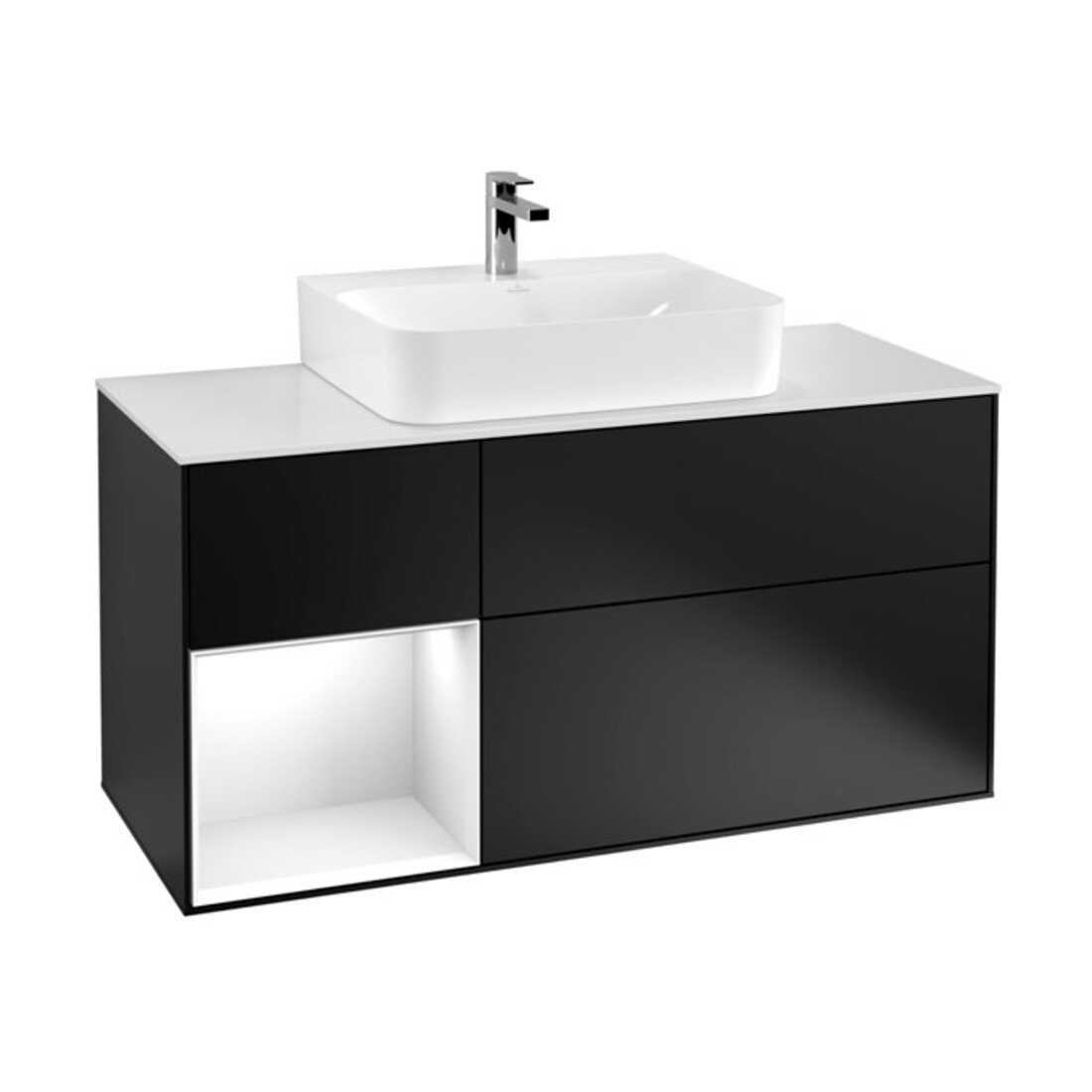 V&B Meuble sous lavabo Finion 120 cm, éclairage mural, blanc laqué, bleu mat laqué