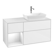 V&B Meuble sous lavabo Finion 120 cm, éclairage mural, blanc laqué brillant