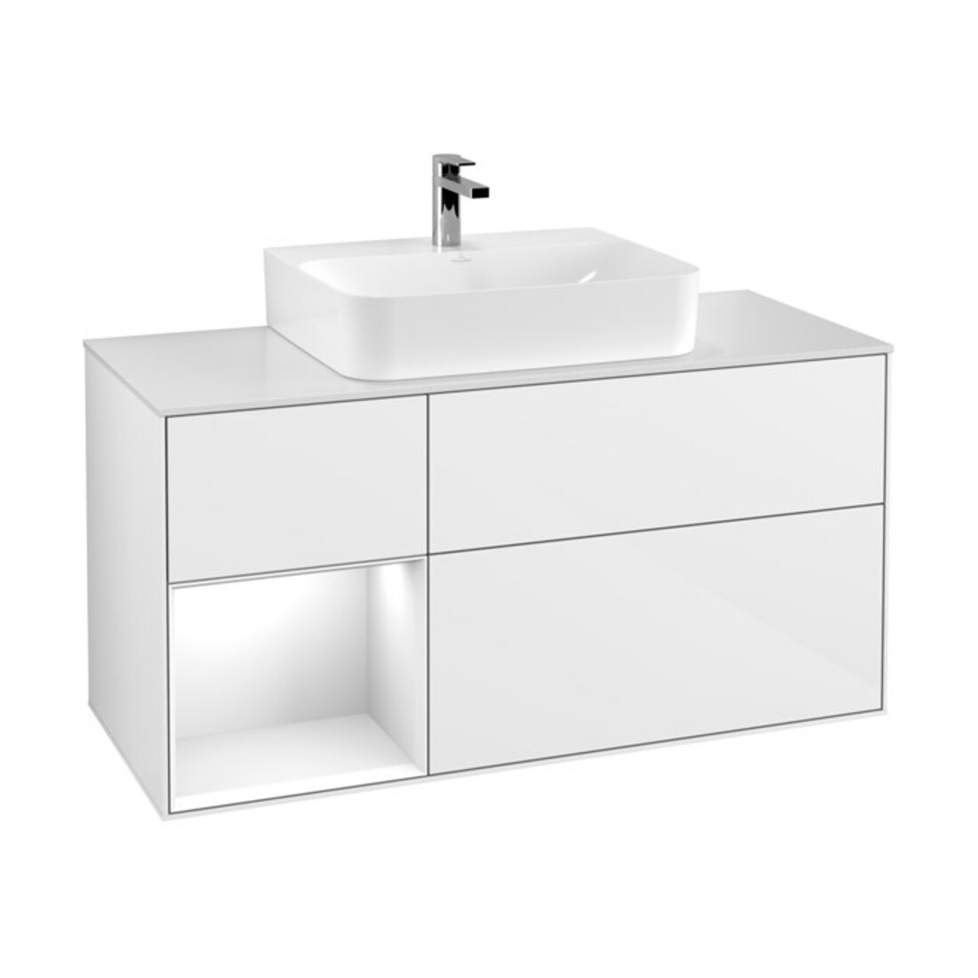 V&B Meuble sous-lavabo Finion 120 cm, éclairage mural, blanc laqué, brillant