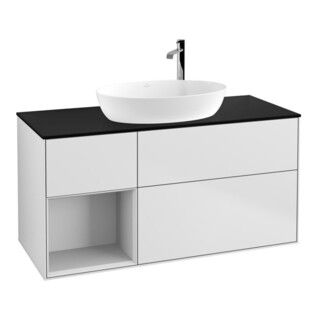 V&B Meuble sous lavabo Finion 120 cm, éclairage mural, blanc laqué, brillant
