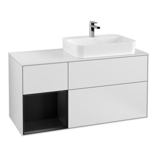 V&B Meuble sous-lavabo Finion 120 cm, éclairage mural, blanc laqué, façade bleue laquée