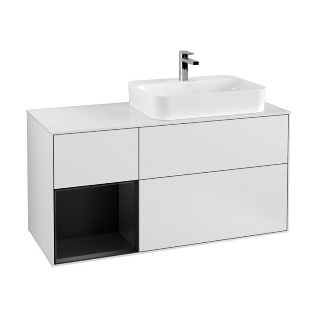 V&B Meuble sous-lavabo Finion 120 cm, éclairage mural, blanc laqué, façade bleue laquée