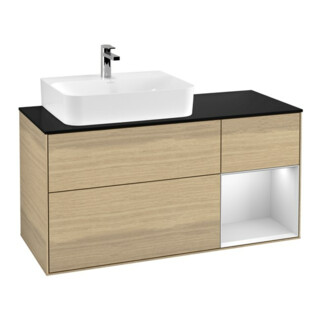V&B Meuble sous lavabo Finion 120 cm, éclairage mural, blanc laqué, gauche