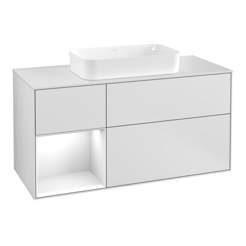 V&B Meuble sous lavabo Finion 120 cm, éclairage mural, blanc laqué mat