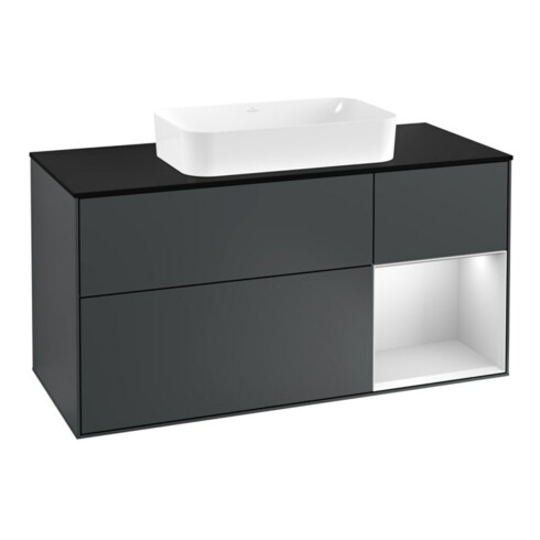 V&B Meuble sous-lavabo Finion 120 cm, éclairage mural, blanc laqué mat, bleu mat