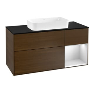 V&B Meuble sous lavabo Finion 120 cm, éclairage mural, blanc laqué, noyer veneer