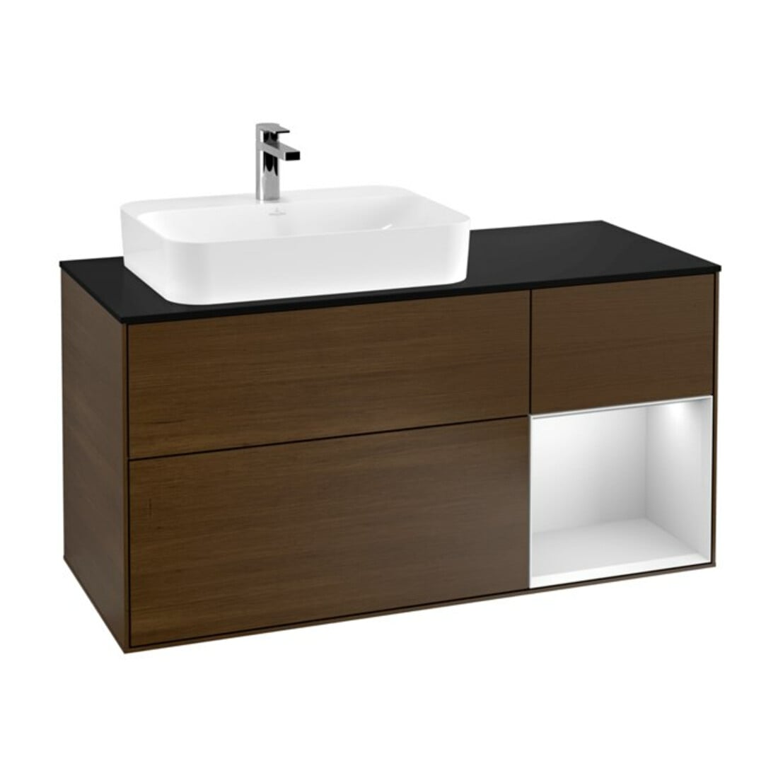 V&B Meuble sous lavabo Finion 120 cm, éclairage mural, blanc laqué, noyer veneer
