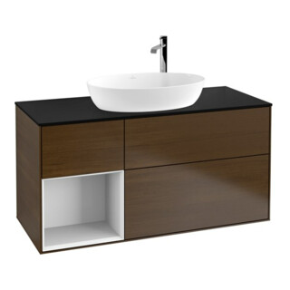 V&B Meuble sous-lavabo Finion 120 cm, éclairage mural, blanc laqué, noyer veneer