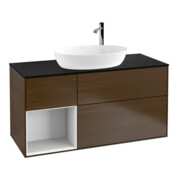 V&B Meuble sous-lavabo Finion 120 cm, éclairage mural, blanc laqué, noyer veneer-1