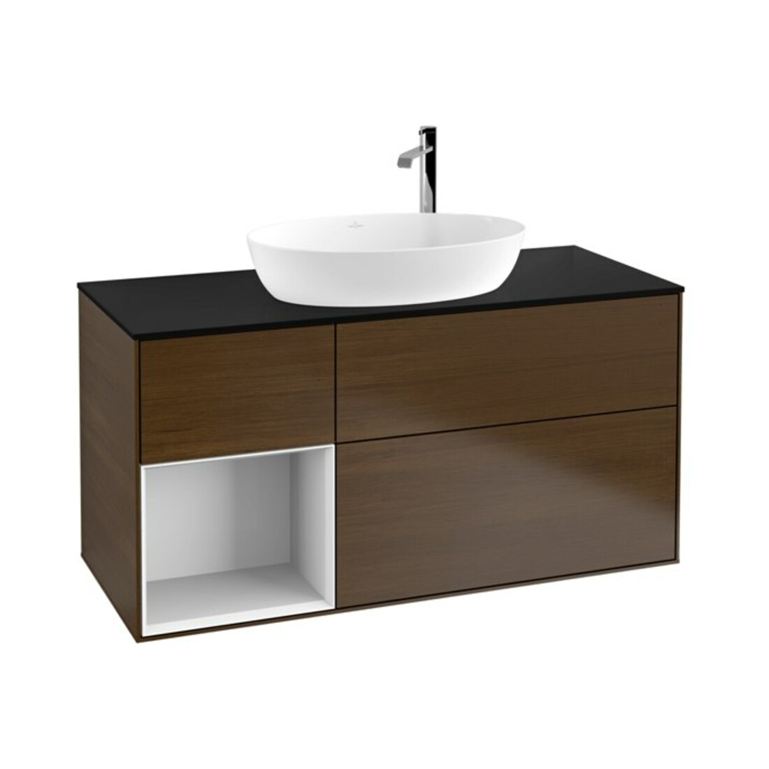 V&B Meuble sous-lavabo Finion 120 cm, éclairage mural, blanc laqué, noyer veneer
