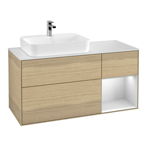 V&B Meuble sous lavabo Finion 120 cm, éclairage mural, blanc laqué, placage chêne ven.