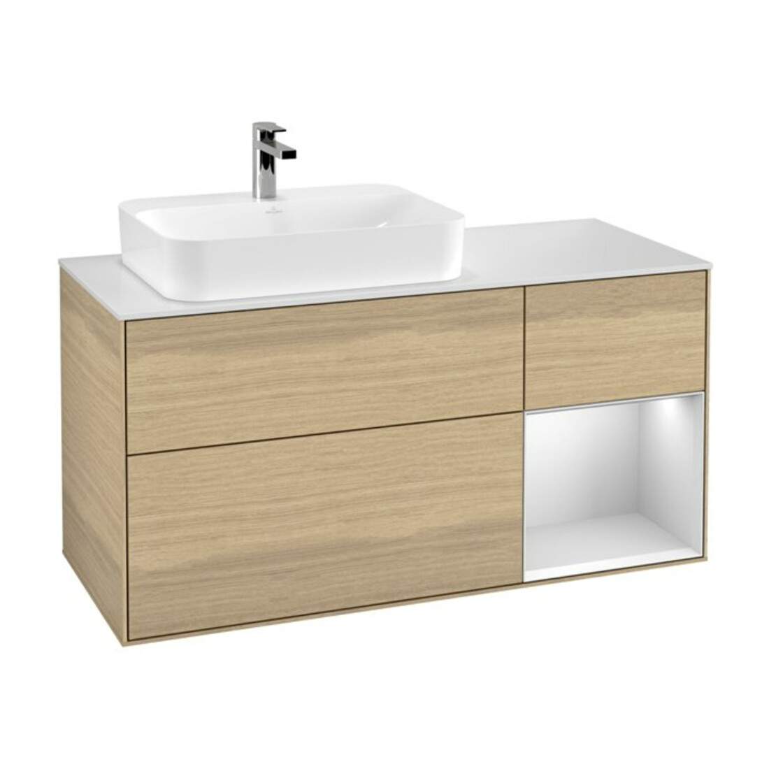 V&B Meuble sous lavabo Finion 120 cm, éclairage mural, blanc laqué, placage chêne ven.