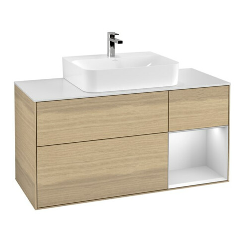 V&B Meuble sous-lavabo Finion 120 cm, éclairage mural, blanc laqué, poignée ven