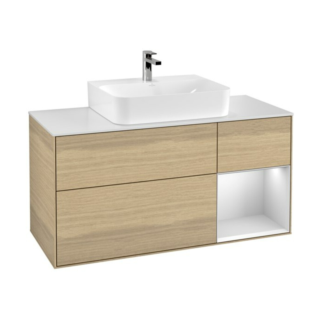 V&B Meuble sous-lavabo Finion 120 cm, éclairage mural, blanc laqué, poignée ven