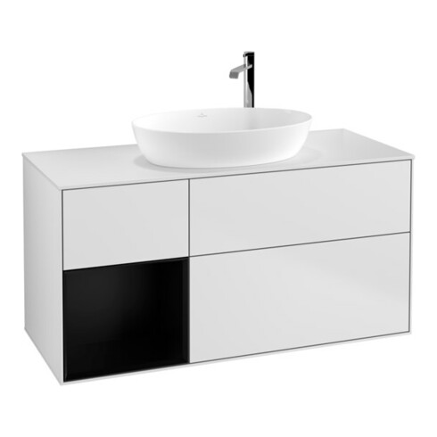 V&B Meuble sous lavabo Finion 120 cm, éclairage mural, blanc laqué, réglette bleue laquée