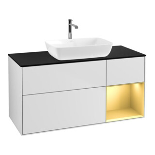 V&B Meuble sous lavabo Finion 120 cm, éclairage mural, blanc laqué, réglette dorée