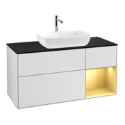 V&B Meuble sous lavabo Finion 120 cm, éclairage mural, blanc laqué, réglette dorée