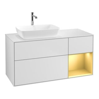 V&B Meuble sous lavabo Finion 120 cm, éclairage mural, blanc laqué, réglette dorée laquée