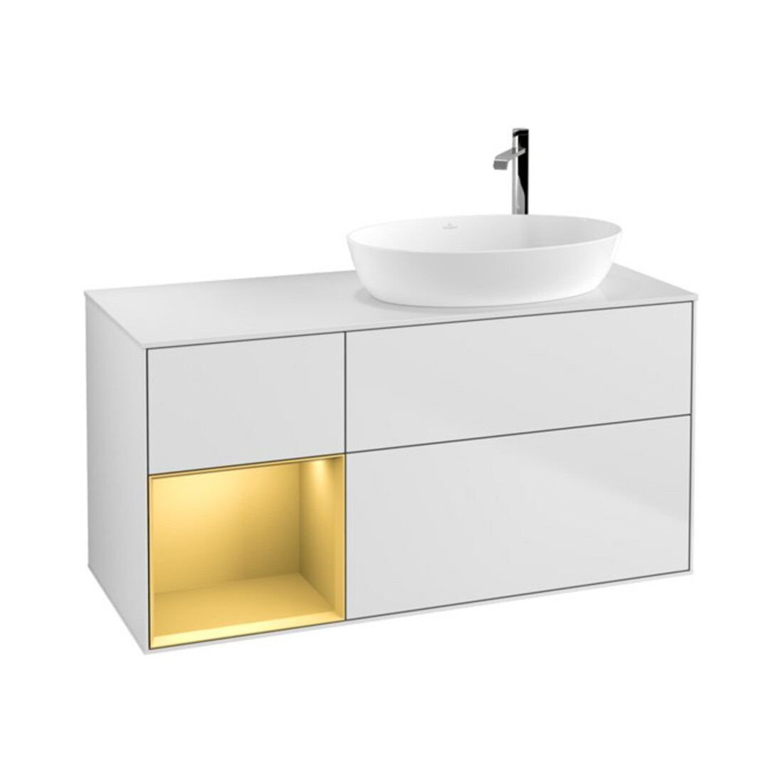 V&B Meuble sous lavabo Finion 120 cm, éclairage mural, blanc laqué, réglette or laqué