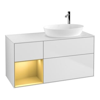 V&B Meuble sous lavabo Finion 120 cm, éclairage mural, blanc laqué, réglette or laqué