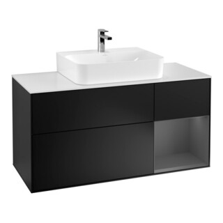 V&B Meuble sous lavabo Finion 120 cm, éclairage mural, blanc mat, bois chêne, bleu mat laqué