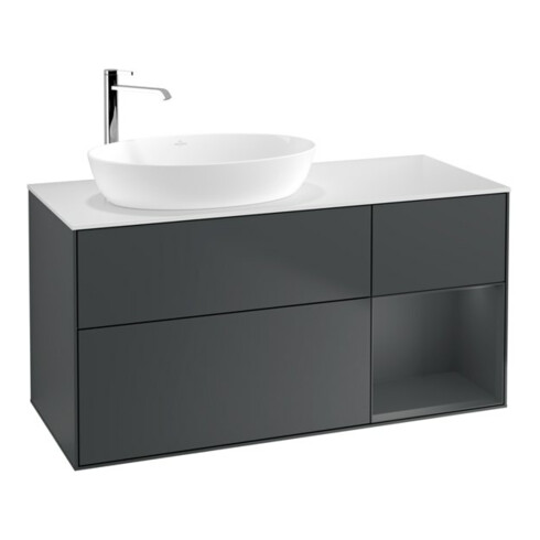 V&B Meuble sous lavabo Finion 120 cm, éclairage mural, blanc mat, bois laqué, bois laqué bleu