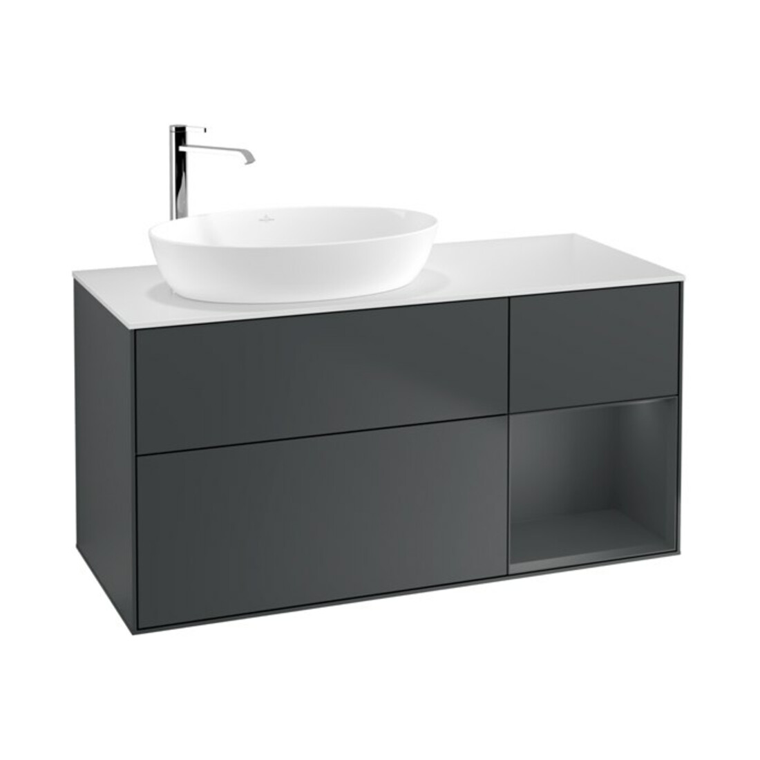 V&B Meuble sous lavabo Finion 120 cm, éclairage mural, blanc mat, bois laqué, bois laqué bleu