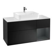 V&B Meuble sous lavabo Finion 120 cm, éclairage mural, blanc mat, bois rouge moyen, laqué bleu mat