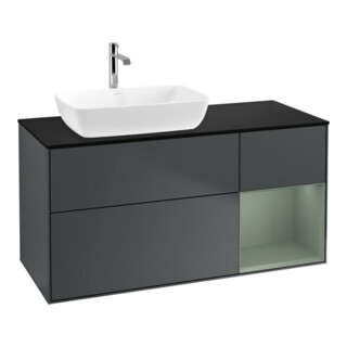 V&B Meuble sous lavabo Finion 120 cm, éclairage mural, blanc mat, chêne naturel mat, blanc brillant