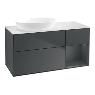 V&B Meuble sous lavabo Finion 120 cm, éclairage mural, blanc mat, chêne naturel mat, bleu mat