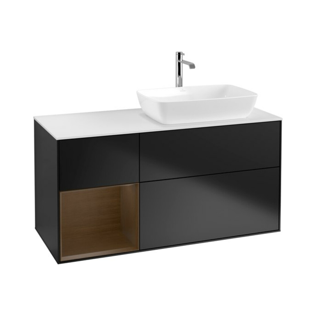V&B Meuble sous lavabo Finion 120 cm, éclairage mural, blanc mat, chêne sauvage, bleu mat Lac