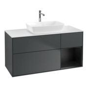 V&B Meuble sous lavabo Finion 120 cm, éclairage mural, blanc mat, face bois mat laqué, milieu bleu mat laqué