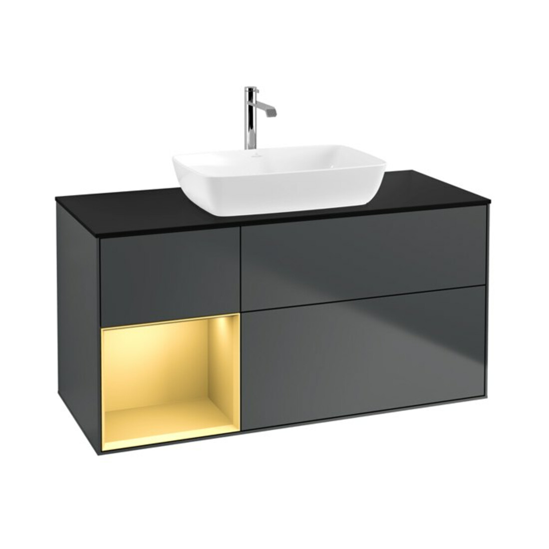 V&B Meuble sous lavabo Finion 120 cm, éclairage mural, blanc mat, gris brillant, bleu mat brillant
