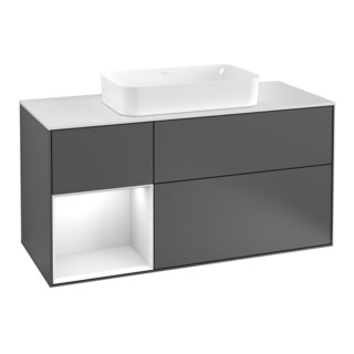 V&B Meuble sous lavabo Finion 120 cm, éclairage mural, blanc mat, gris clair mat, bleu mat laqué