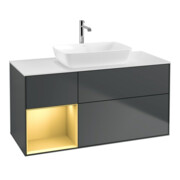 V&B Meuble sous lavabo Finion 120 cm, éclairage mural, blanc mat, gris clair mat, laqué, avec miroir bleu, laqué