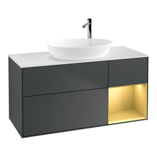 V&B Meuble sous lavabo Finion 120 cm, éclairage mural, blanc mat, gris mat laqué, métal bleu mat laqué