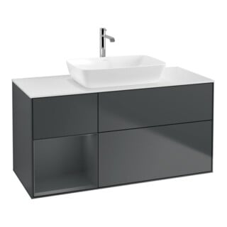 V&B Meuble sous lavabo Finion 120 cm, éclairage mural, blanc mat, gris moyen mat laqué, mat bleu mat laqué