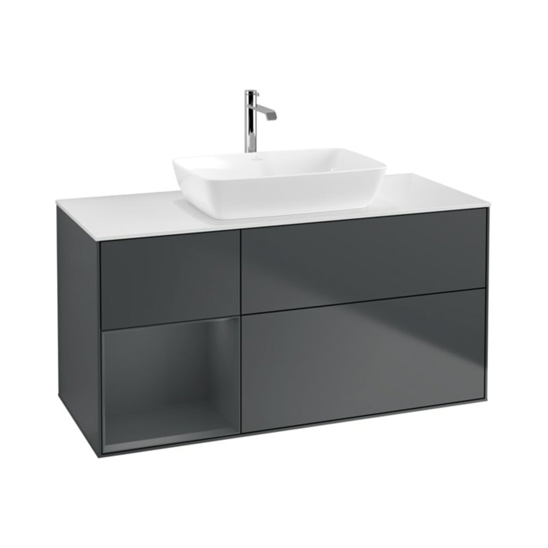 V&B Meuble sous lavabo Finion 120 cm, éclairage mural, blanc mat, gris moyen mat laqué, mat bleu mat laqué