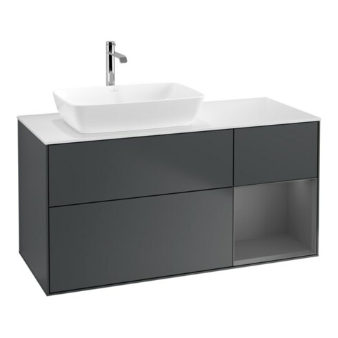 V&B Meuble sous lavabo Finion 120 cm, éclairage mural, blanc mat, laqué brillant, avec miroir laqué