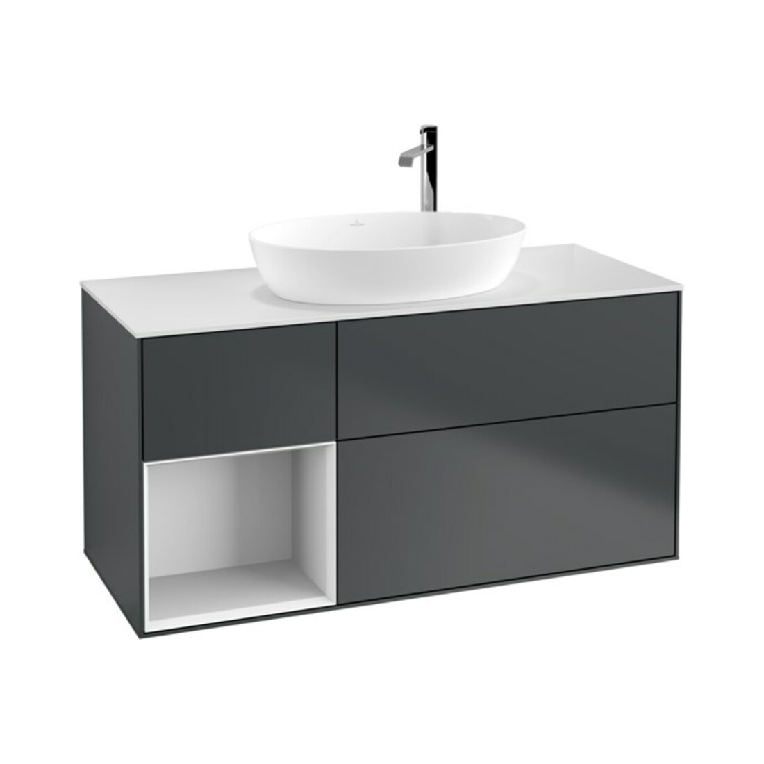 V&B Meuble sous lavabo Finion 120 cm, éclairage mural, blanc mat, laqué gris, avec laque bleue