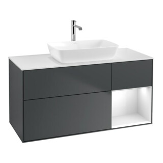 V&B Meuble sous lavabo Finion 120 cm, éclairage mural, blanc mat, laqué gris clair, avec laqué bleu