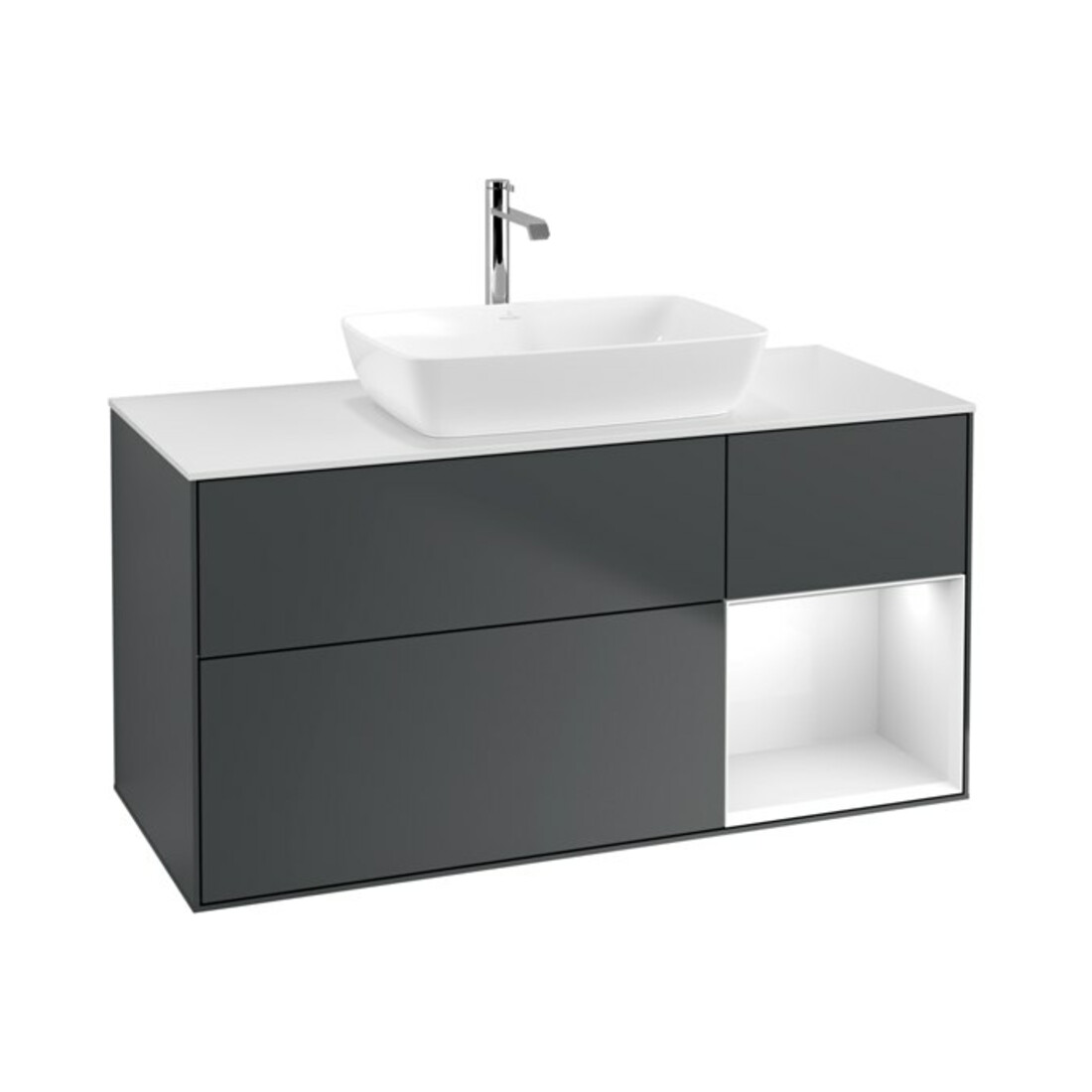 V&B Meuble sous lavabo Finion 120 cm, éclairage mural, blanc mat, laqué gris clair, avec laqué bleu