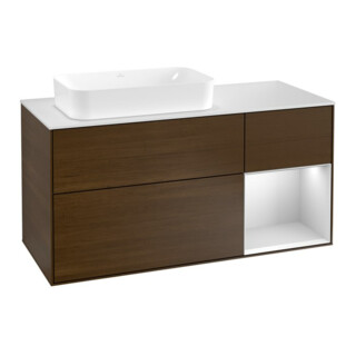 V&B Meuble sous lavabo Finion 120 cm, éclairage mural, blanc mat, laqué, noyer veneer