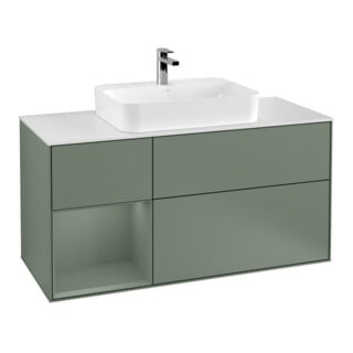 V&B Meuble sous lavabo Finion 120 cm, éclairage mural, blanc mat, laque satinée, olivier laqué