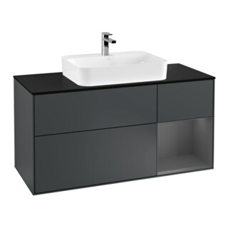 V&B Meuble sous-lavabo Finion 120 cm, éclairage mural, blanc mat, miroir argent, meuble bleu mat laqué