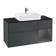 V&B Meuble sous-lavabo Finion 120 cm, éclairage mural, blanc mat, miroir argent, meuble bleu mat laqué